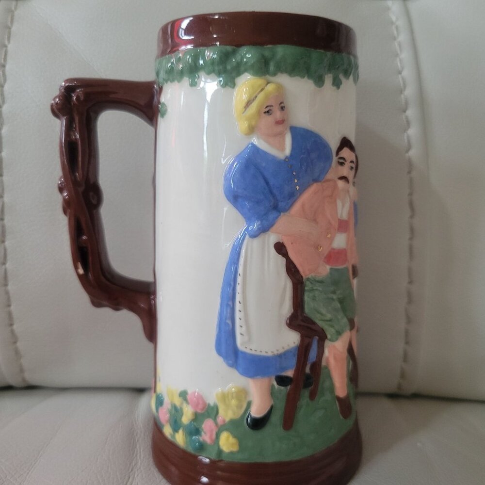 Vintage German Beer Stein Hand-Painted Tavern Scenes & Ornate Handle Signed JB
